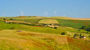 Rural summer landscape with wheat fields and blue sky