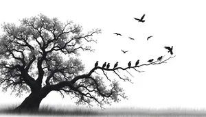 Black Oak Tree Silhouette Against Sky.