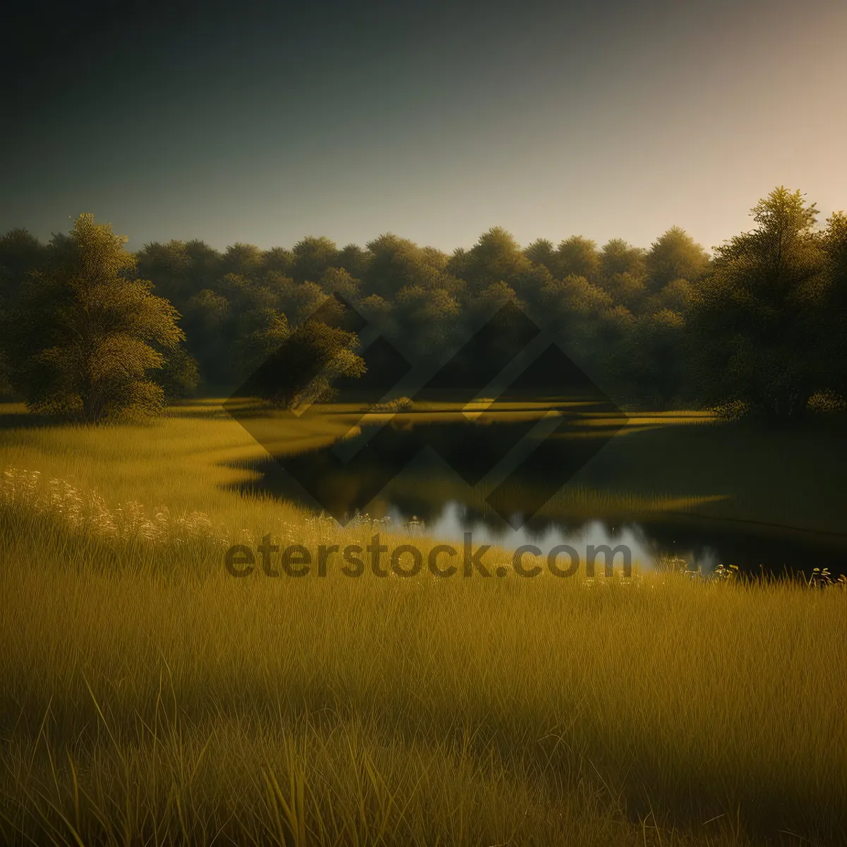 Picture of Idyllic Farm Sunrise Over Reflective Pond