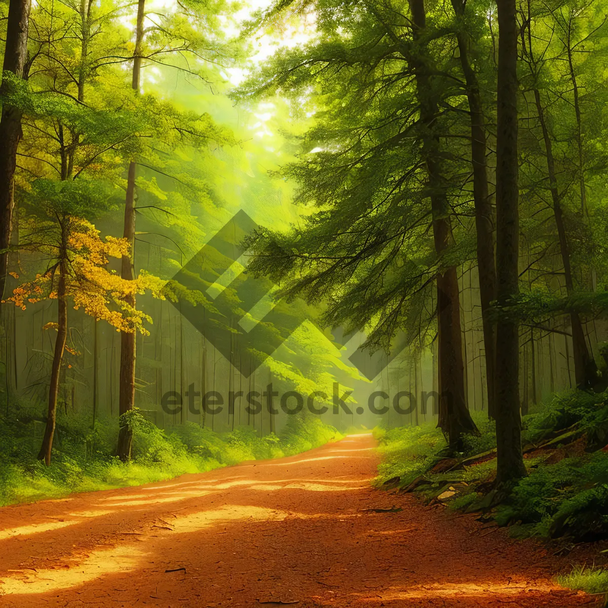 Picture of Autumn Woods Path: Colorful Foliage, Sunlit Trees