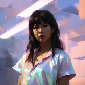 Happy brunette lady smiling wearing fashionable outfit