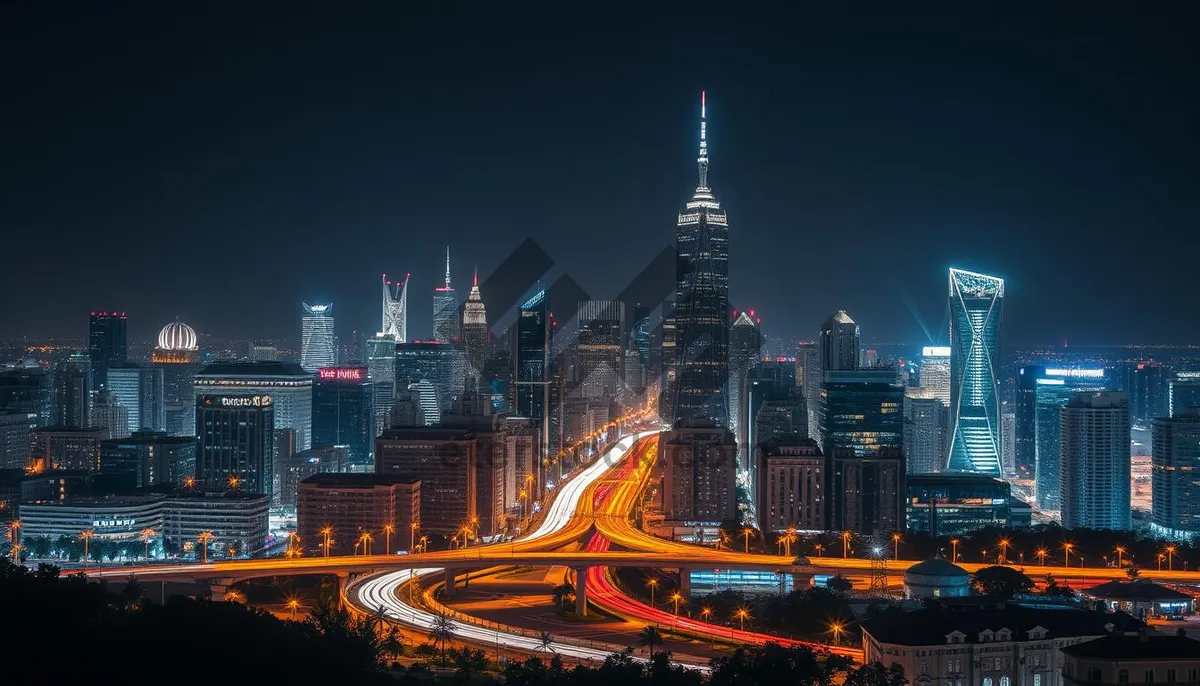 Picture of City skyline with modern skyscrapers at night.