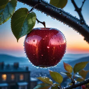 Fresh Cherry Berry Apple on Leaf with Stem