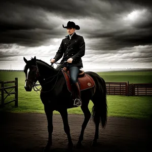 Saddle-mounted equestrian rider on majestic stallion.