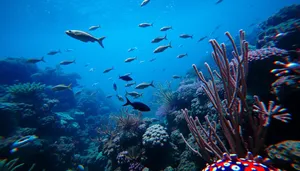 Colorful underwater fish swimming in sunny coral reef.