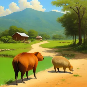 Rural Landscape with Grazing Horses and Warthog