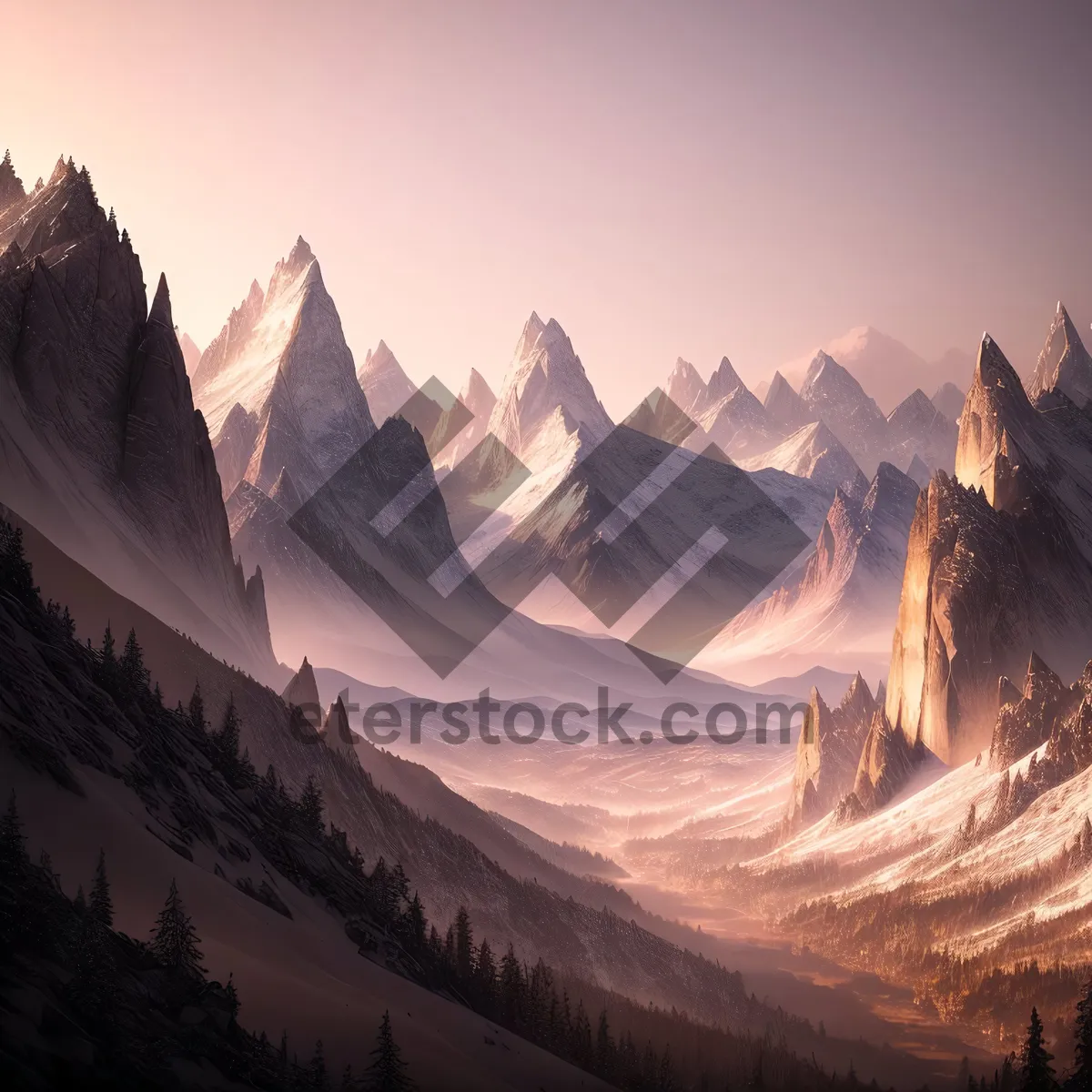 Picture of Majestic Mountain Valley Amidst Snow-Capped Peaks