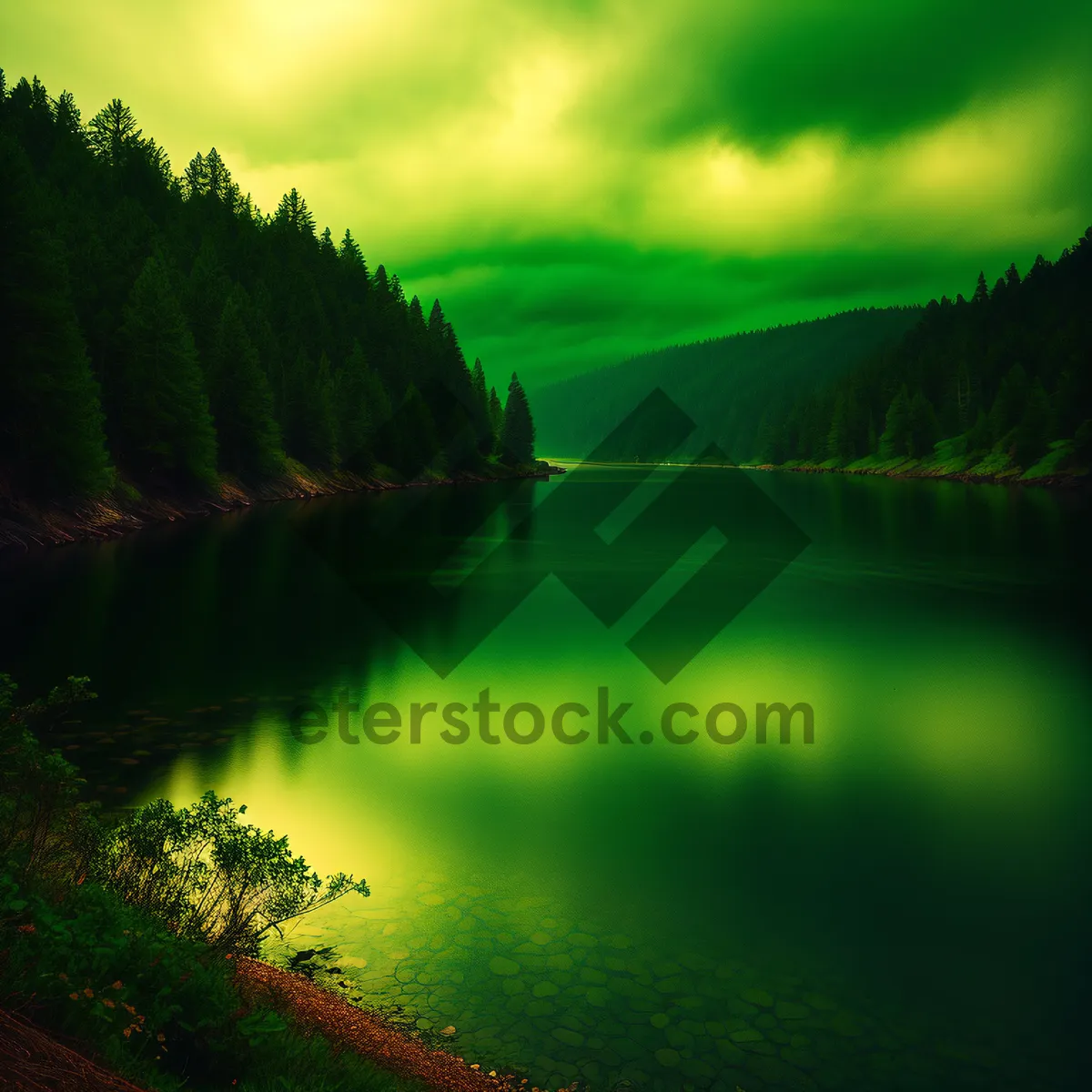 Picture of Serene lake reflecting picturesque landscape