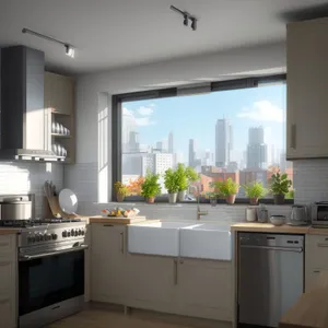 Modern Kitchen Interior with Stainless Steel Appliances and Wood Cabinets