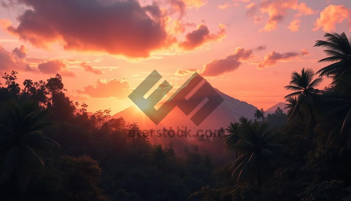 Picture of Orange sky sunset over mountain landscape silhouette