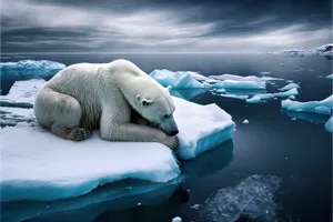 Arctic landscape with polar bear on ice field