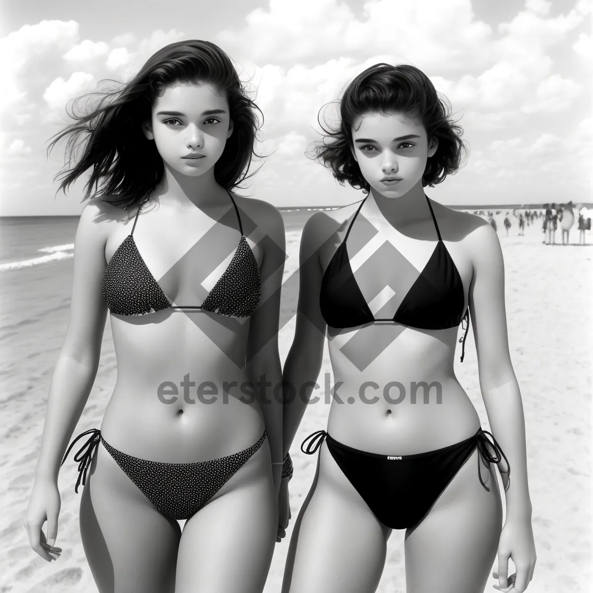 Picture of Seductive Beachwear: Stunning brunette model in lingerie poses sensually