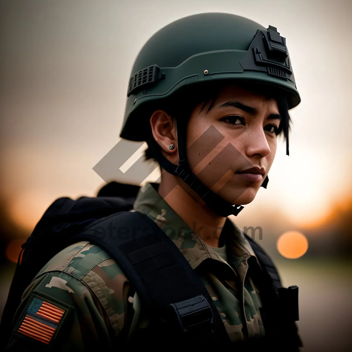 Picture of Smiling Builder in Military Uniform with Aviator Helmet