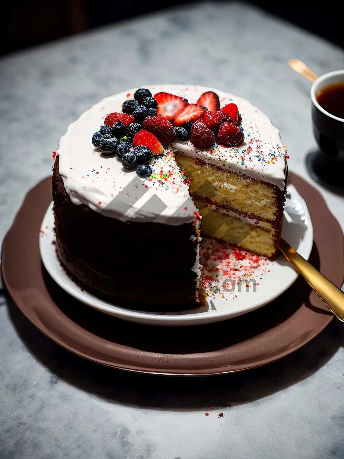 Picture of Delicious Berry Chocolate Cake Slice with Fresh Strawberry Sauce