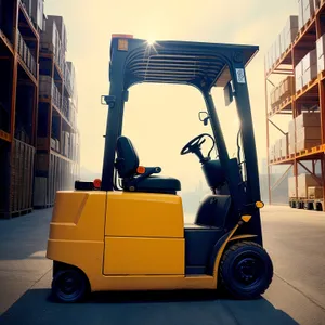 Heavy-duty forklift loading cargo in warehouse.