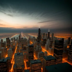 Metropolitan Sunset: Cityscape with Skyscrapers and River Bridge