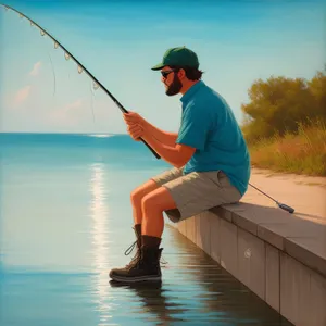 Active Fisherman with Fishing Gear and Golf Club