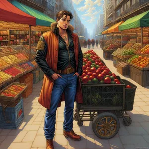 Happy person shopping for fruits at supermarket.