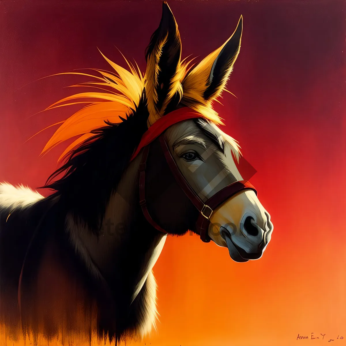 Picture of Brown horse wearing muzzle and bridle