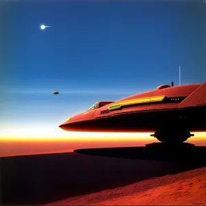 Dusk Horizon: Beachside Jet Soaring through Vibrant Sunset