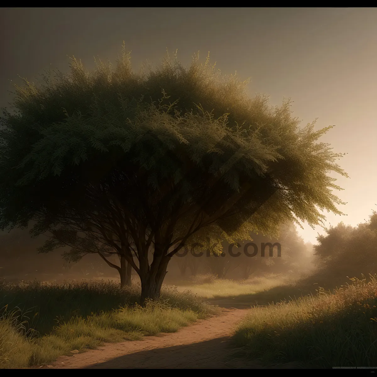 Picture of Sunset Over Serene Countryside with Majestic Trees