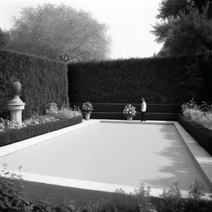 Architectural Oasis with Park, Trees, and Water Fountain