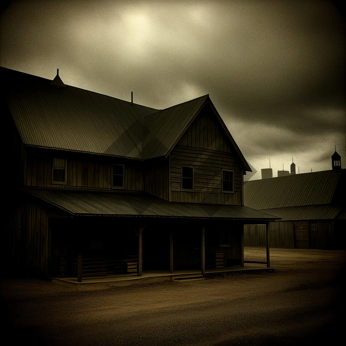 Picture of Old Residential Building with Skyline and Garage