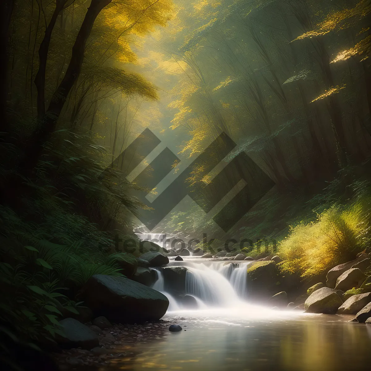 Picture of Serene Mountain Stream Cascading Through Forest