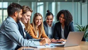 Business team in office meeting with laptop on table