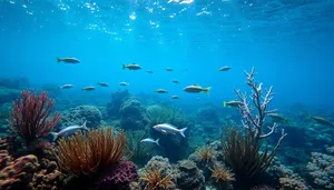 Colorful underwater coral reef with tropical fish swimming.