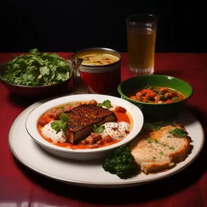 Delicious gourmet salad with fresh vegetables and meat