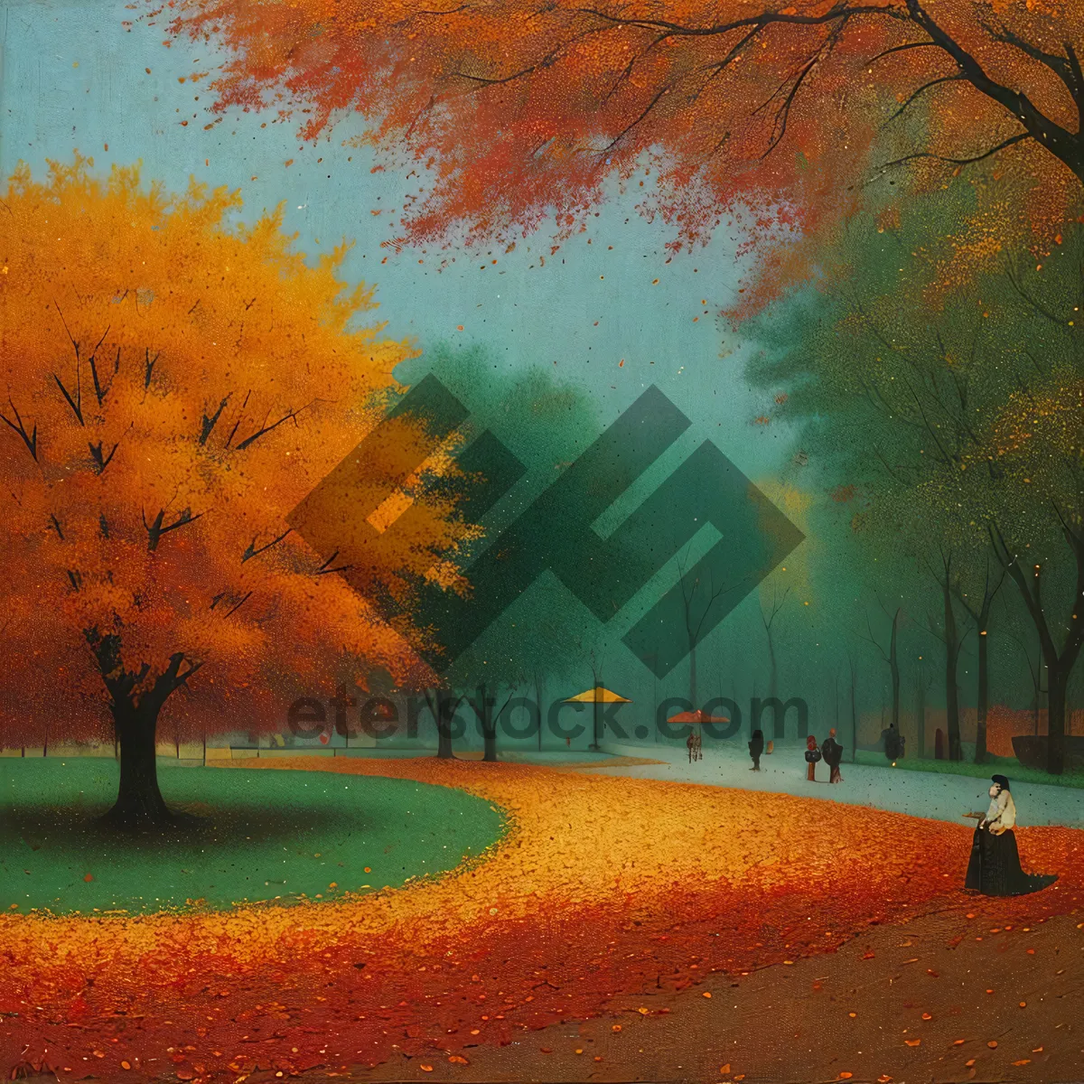 Picture of Autumn sunset silhouette in park landscape.