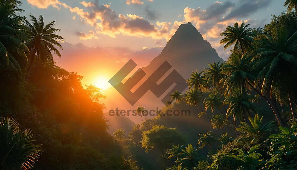 Picture of Silhouette sunset over mountain with tree and volcano