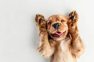 Adorable brown dog sitting in a studio portrait.