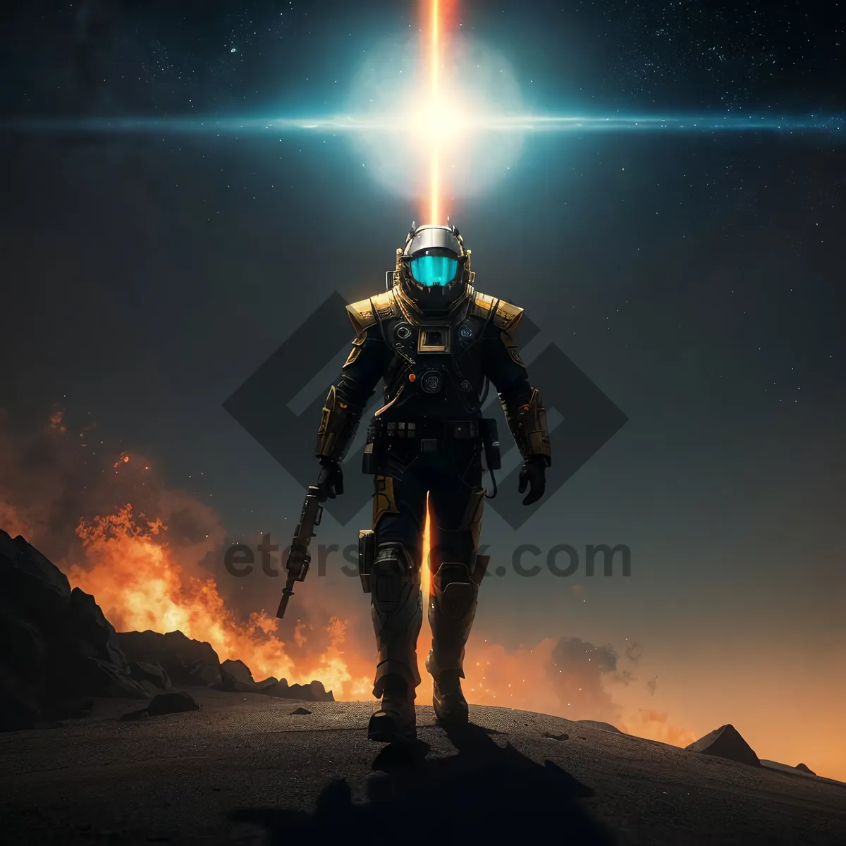 Picture of Male hiker with flamethrower under spotlight on mountain summit.