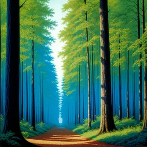 Serene Forest Path with Sunlit Trees