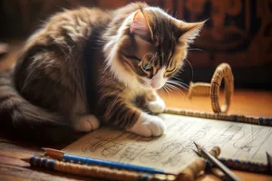 Cute kitten solving crossword puzzle on laptop in office