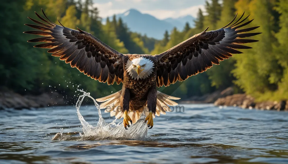 Picture of Majestic bald eagle in mid-flight with outstretched wings.