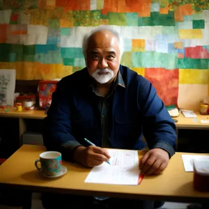 Professional businessman working on laptop at office desk meeting.