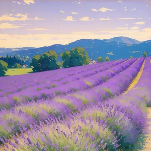 Lavender-filled meadow under the summer sky.