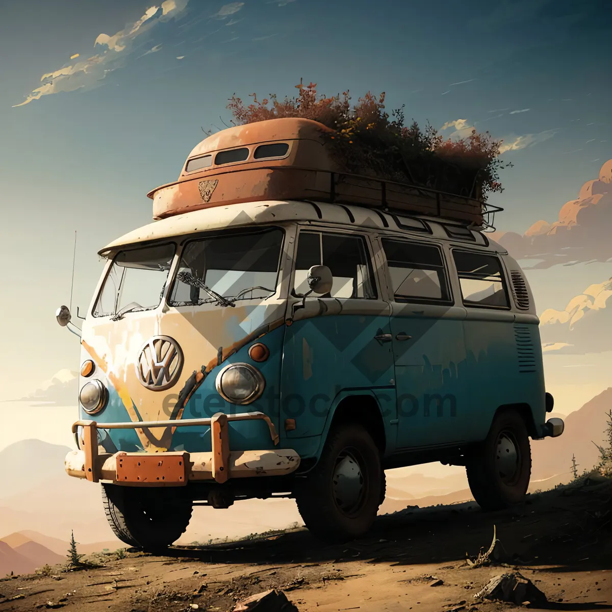 Picture of Travel camper under clear blue sky landscape.