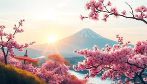 Pink sakura tree blossoms under the summer sky in Japan.