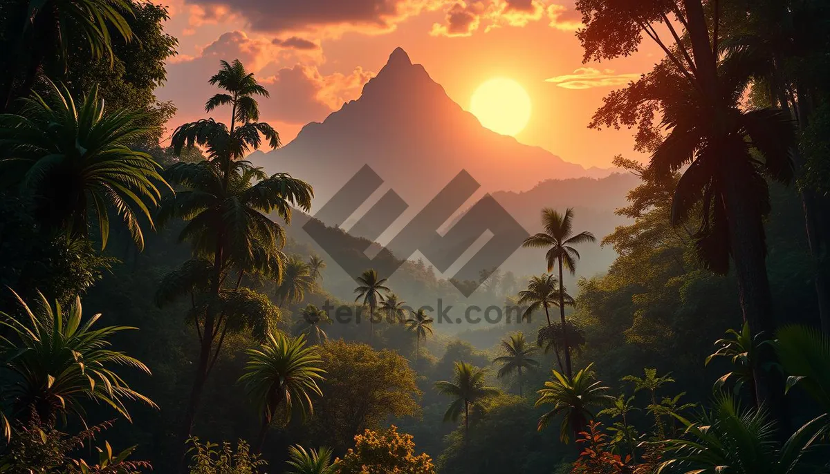 Picture of Tropical sunset silhouette with palm trees by the beach