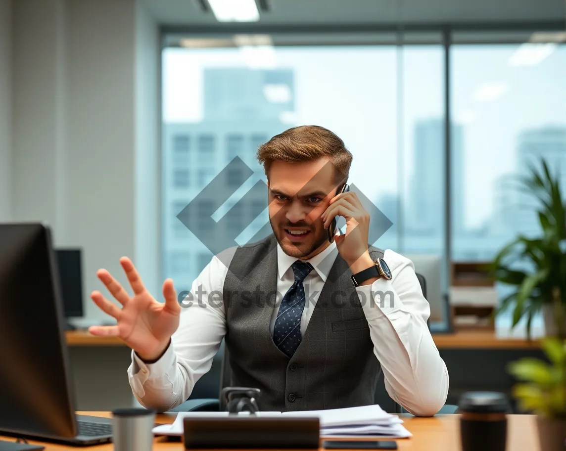 Picture of Happy male professional sitting at office desk with laptop