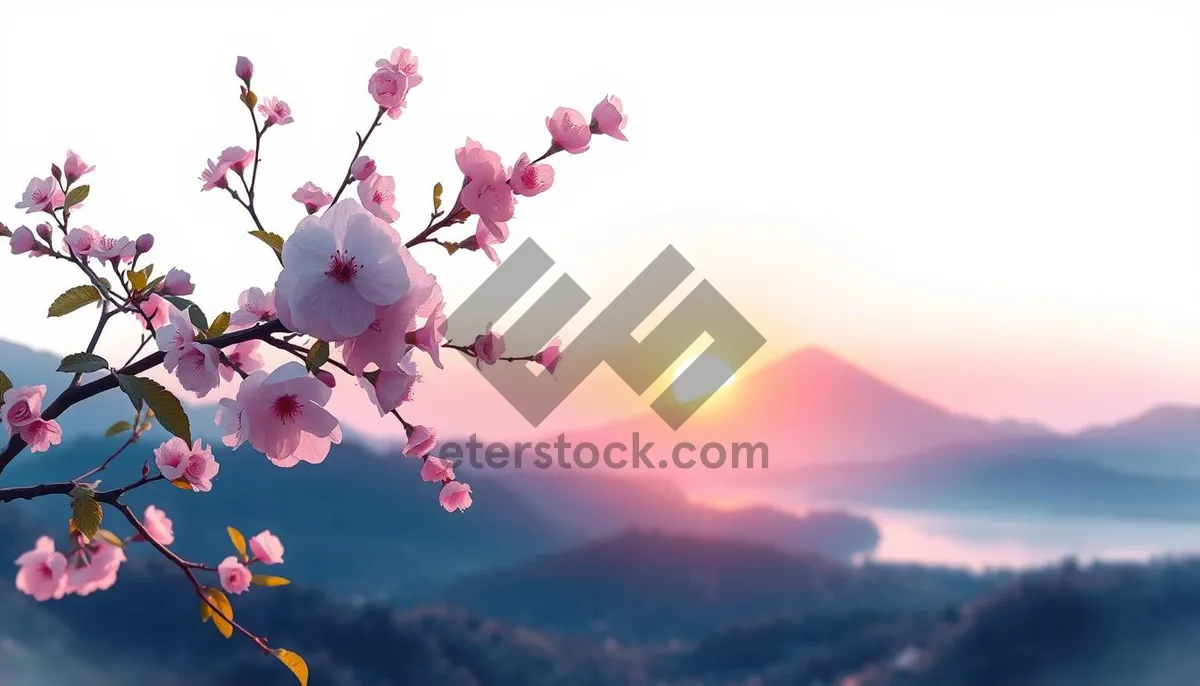 Picture of Clear Summer Sky in Japan with Pink Flowers