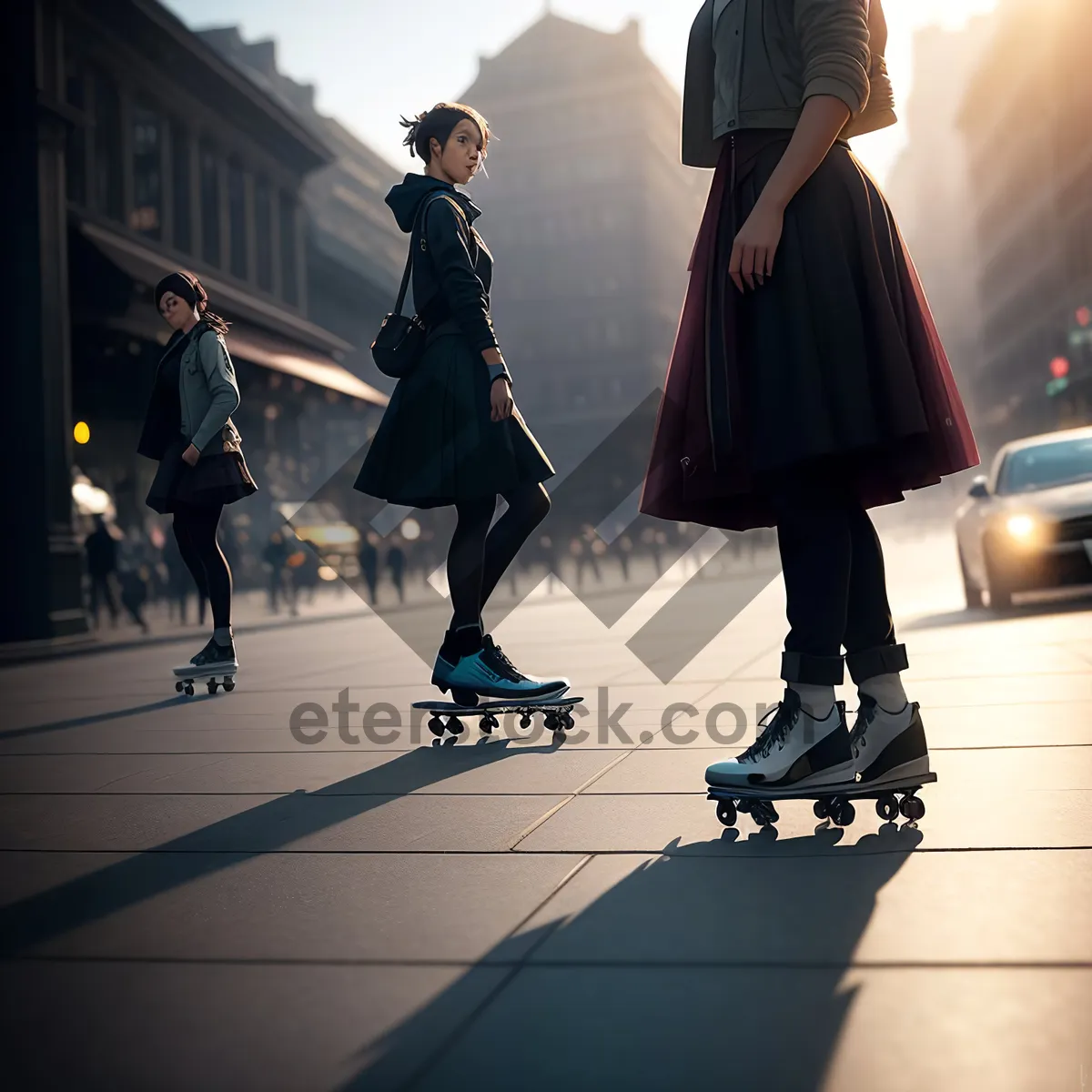 Picture of Skateboarder businessman holding a sword in city.