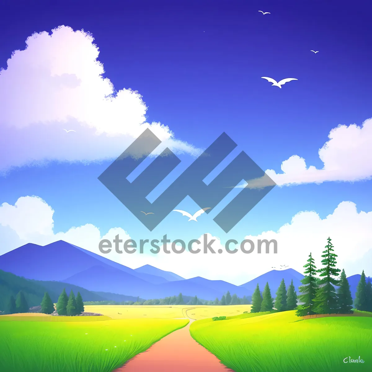 Picture of Serene Countryside Landscape under Clear Blue Sky