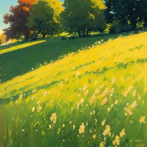 Idyllic Meadow with Vibrant Yellow Flowers Under Sunny Sky