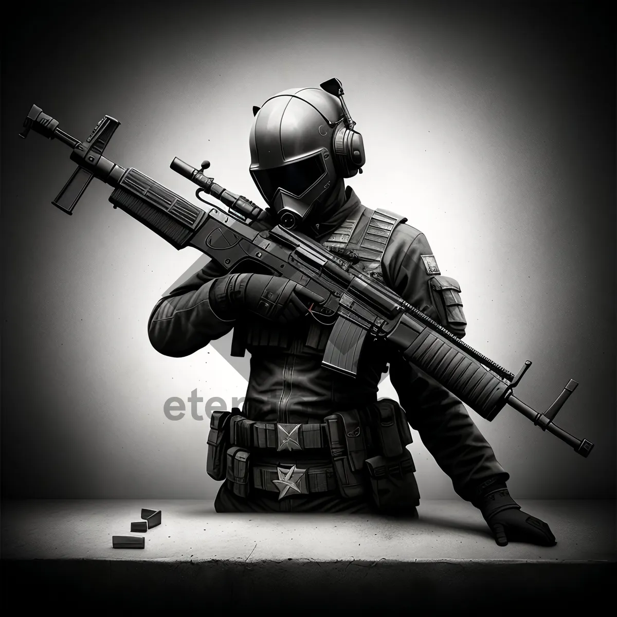 Picture of Combat-ready soldier in camouflage mask with rifle