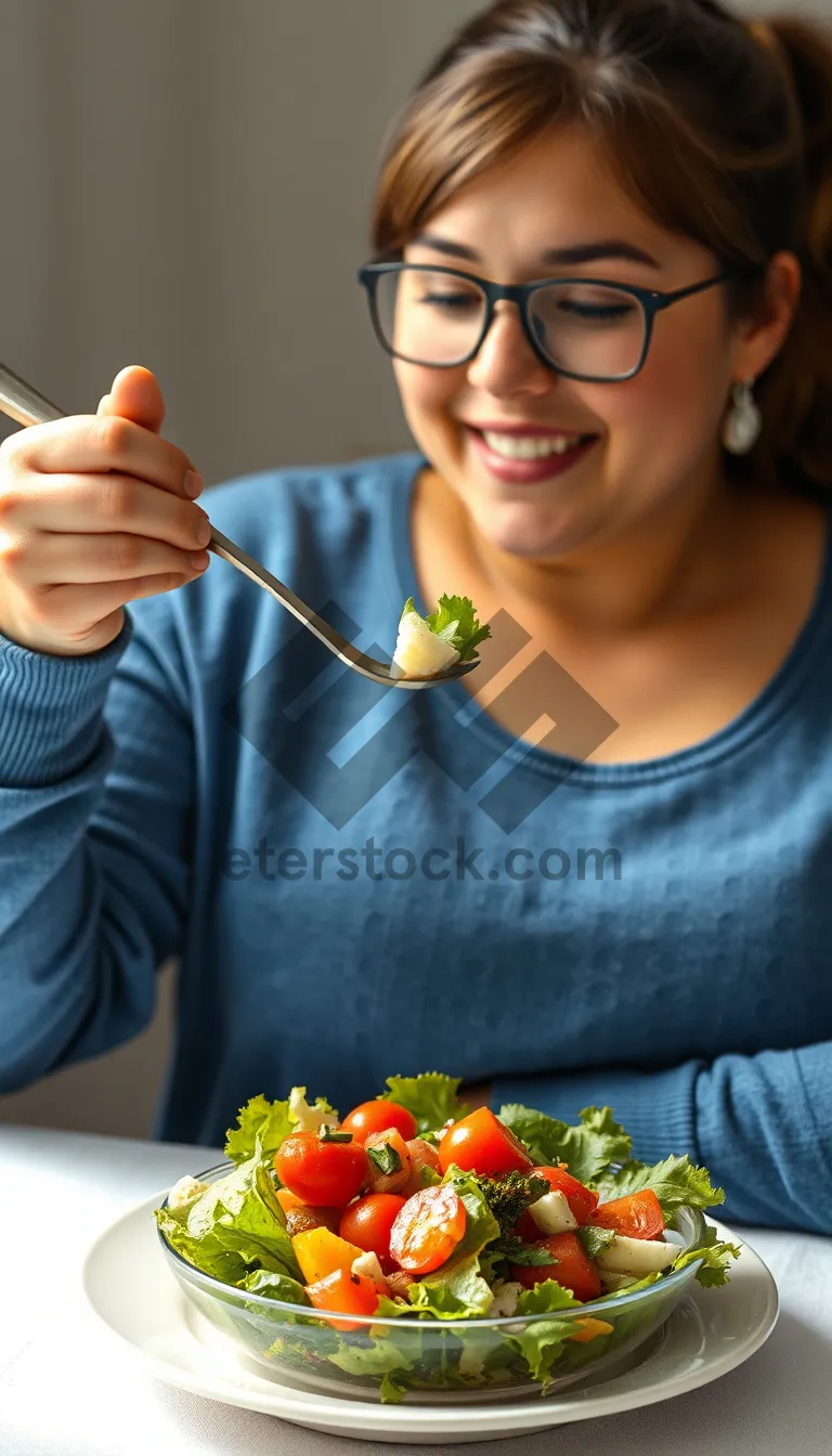 Picture of Happy woman happily eating fresh vegetable salad